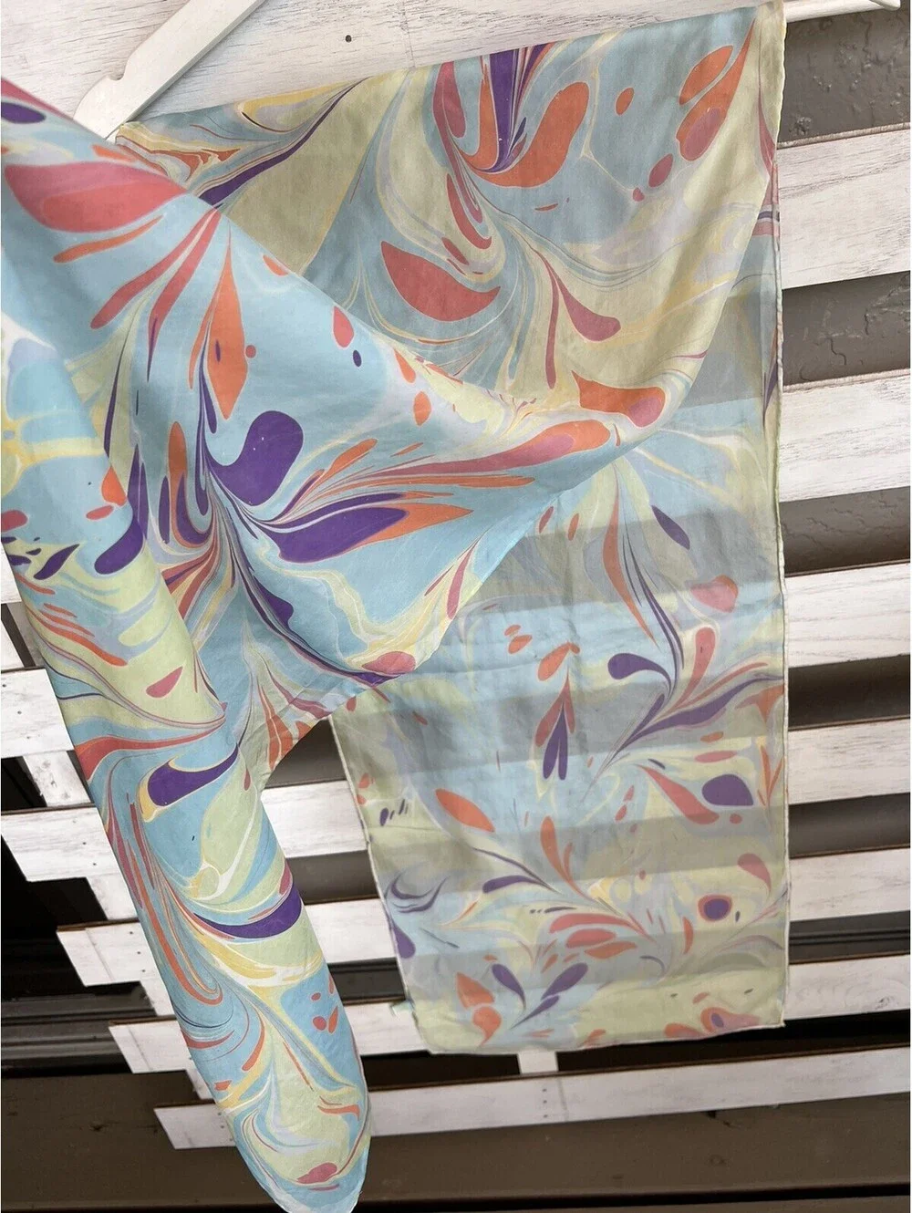 Women's Silk Rectangle Pastel Blue Orange Scarf Size 68”x14”